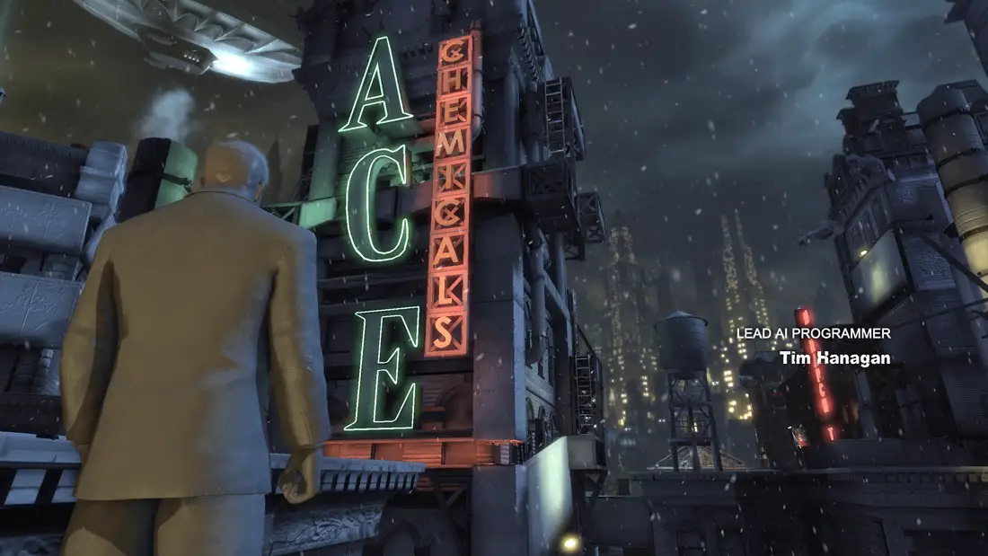 ACE Chemicals lit up at night in Arkham City
